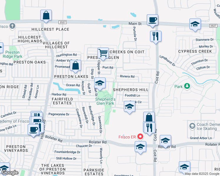 map of restaurants, bars, coffee shops, grocery stores, and more near 8000 Alpine Court in Frisco