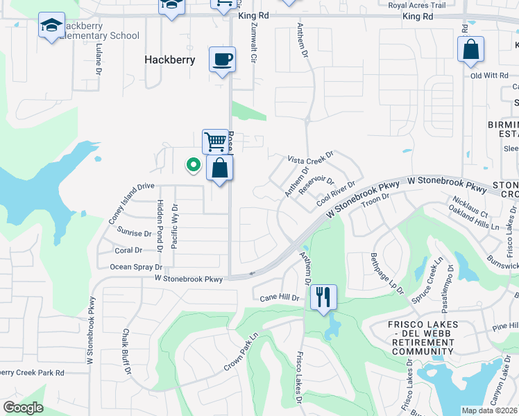 map of restaurants, bars, coffee shops, grocery stores, and more near Brookdale Drive in Frisco