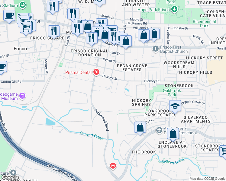 map of restaurants, bars, coffee shops, grocery stores, and more near 7275 Hickory Street in Frisco