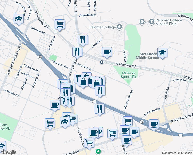 map of restaurants, bars, coffee shops, grocery stores, and more near 1045 Armorlite Drive in San Marcos
