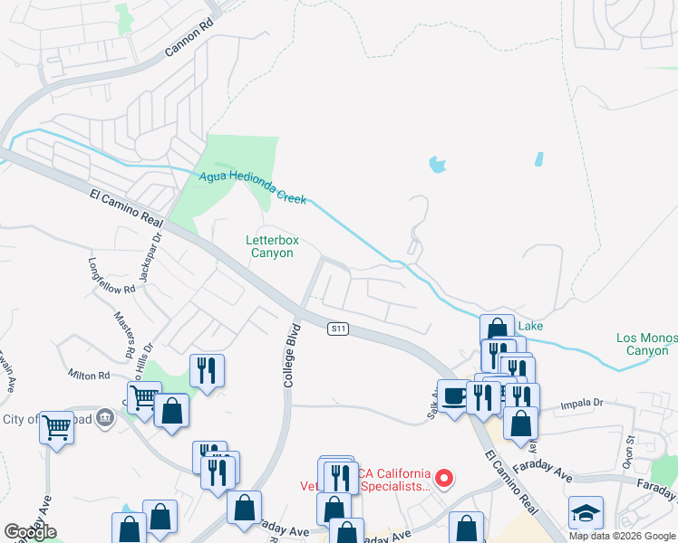 map of restaurants, bars, coffee shops, grocery stores, and more near 5406 Foxtail Loop in Carlsbad