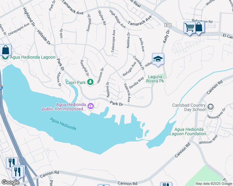 map of restaurants, bars, coffee shops, grocery stores, and more near 4825 Argosy Lane in Carlsbad
