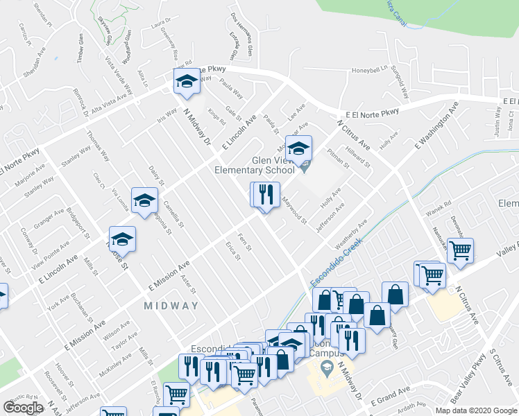 map of restaurants, bars, coffee shops, grocery stores, and more near 750 Goldenrod Street in Escondido