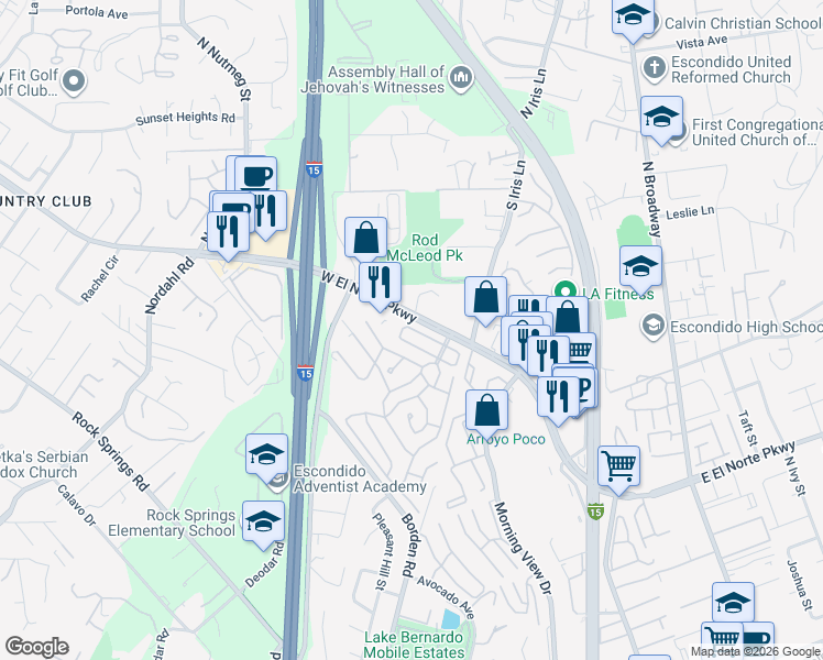 map of restaurants, bars, coffee shops, grocery stores, and more near 615 West El Norte Parkway in Escondido