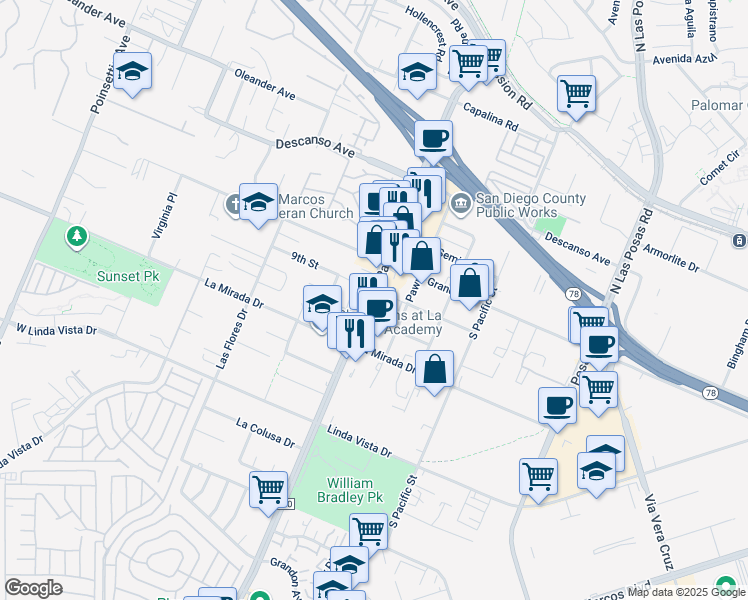 map of restaurants, bars, coffee shops, grocery stores, and more near 273 South Rancho Santa Fe Road in San Marcos