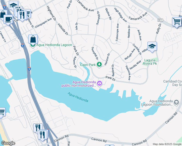 map of restaurants, bars, coffee shops, grocery stores, and more near 4719 Marina Drive in Carlsbad