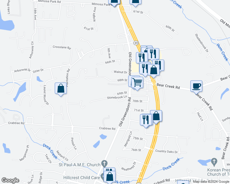 map of restaurants, bars, coffee shops, grocery stores, and more near 69TH The Knoll in Tuscaloosa