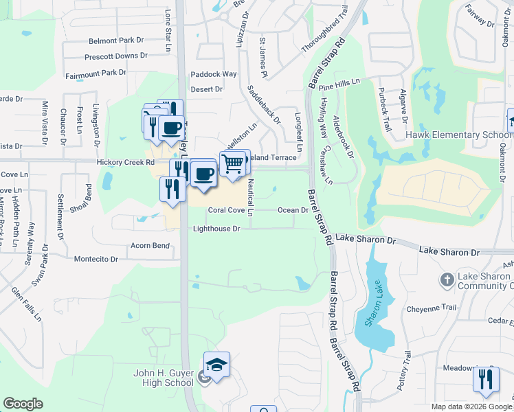 map of restaurants, bars, coffee shops, grocery stores, and more near 5029 Nautical Lane in Denton