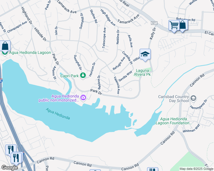 map of restaurants, bars, coffee shops, grocery stores, and more near 4825 Argosy Lane in Carlsbad