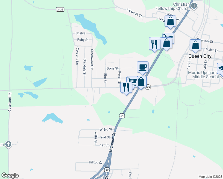 map of restaurants, bars, coffee shops, grocery stores, and more near 407 Hickory Street in Queen City