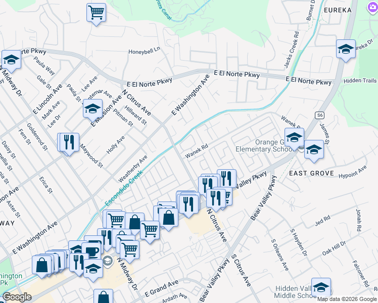 map of restaurants, bars, coffee shops, grocery stores, and more near 485 Bancroft Glen in Escondido