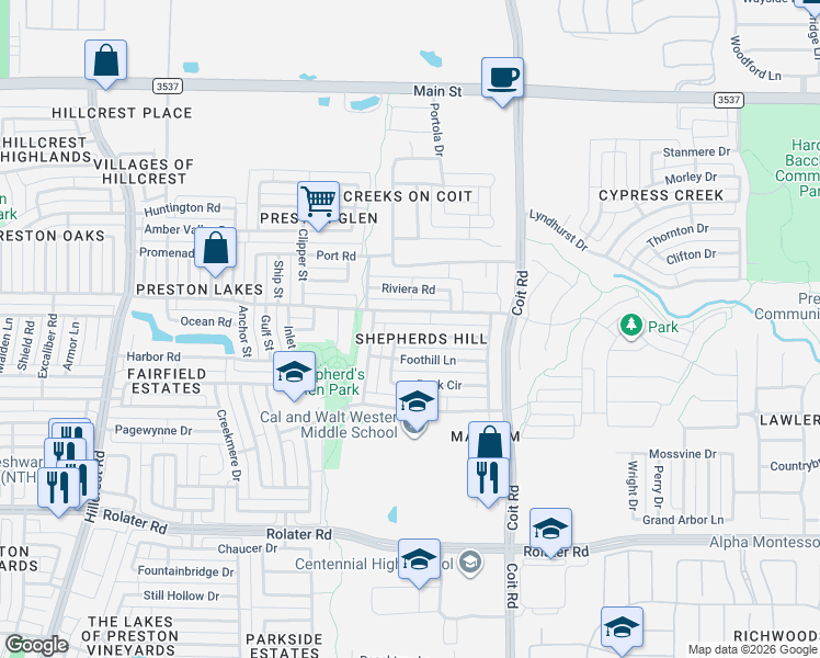map of restaurants, bars, coffee shops, grocery stores, and more near 12204 Foothill Lane in Frisco