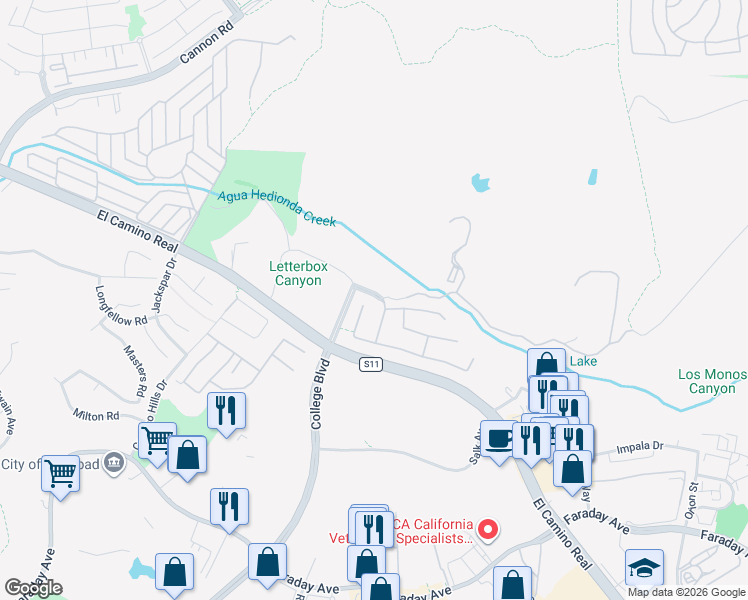 map of restaurants, bars, coffee shops, grocery stores, and more near 5406 Foxtail Loop in Carlsbad