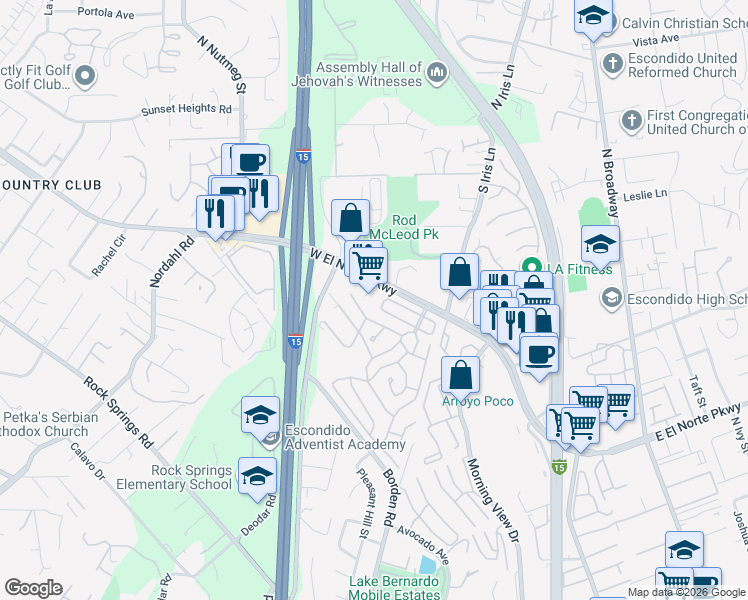 map of restaurants, bars, coffee shops, grocery stores, and more near 615 West El Norte Parkway in Escondido