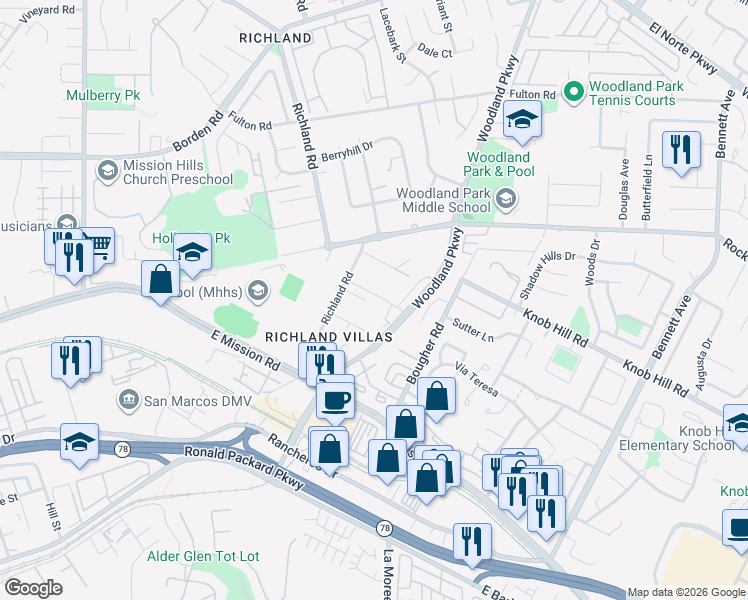 map of restaurants, bars, coffee shops, grocery stores, and more near 941 Fairlane Avenue in San Marcos