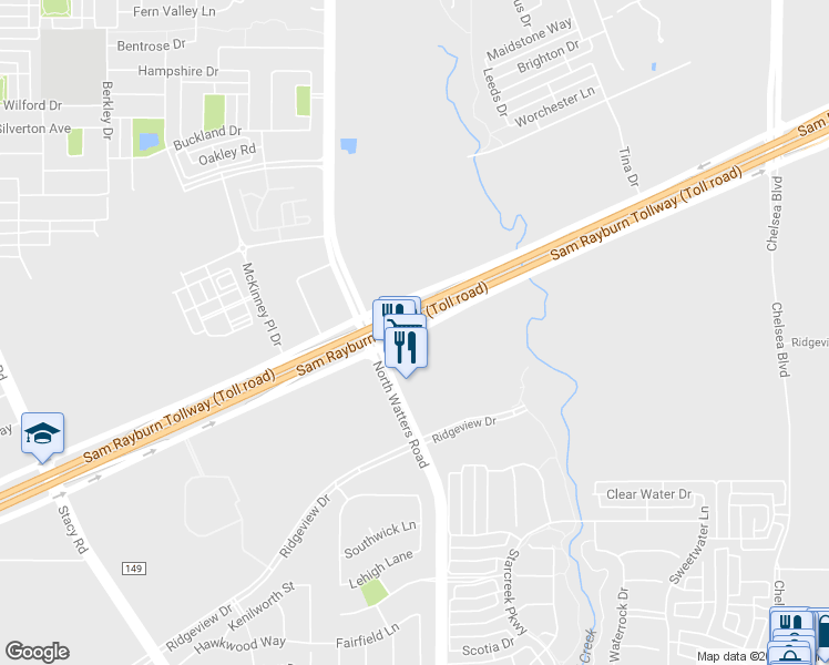 map of restaurants, bars, coffee shops, grocery stores, and more near South Srv Road in Allen