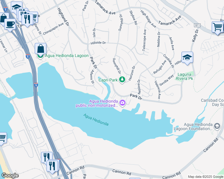 map of restaurants, bars, coffee shops, grocery stores, and more near 4681 Park Drive in Carlsbad