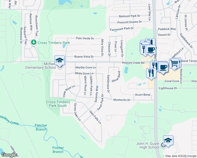 map of restaurants, bars, coffee shops, grocery stores, and more near 7805 Serenity Way in Denton
