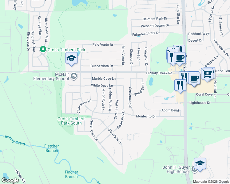 map of restaurants, bars, coffee shops, grocery stores, and more near 7804 Serenity Way in Denton