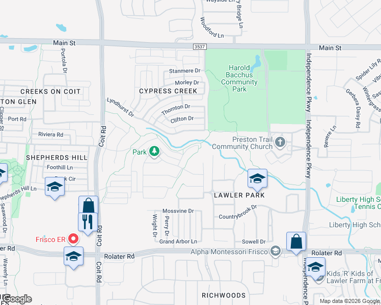 map of restaurants, bars, coffee shops, grocery stores, and more near 8162 Edgefield Court in Frisco