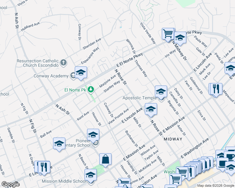 map of restaurants, bars, coffee shops, grocery stores, and more near 1542 Kent Avenue in Escondido