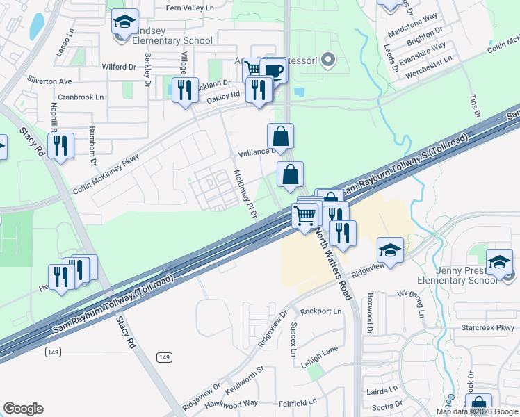map of restaurants, bars, coffee shops, grocery stores, and more near 5701 McKinney Place Drive in McKinney