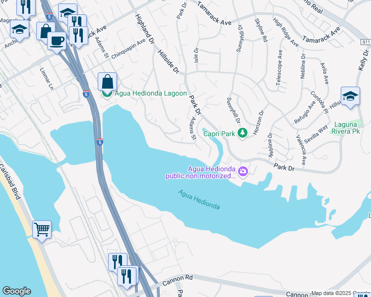 map of restaurants, bars, coffee shops, grocery stores, and more near 4509 Adams Street in Carlsbad