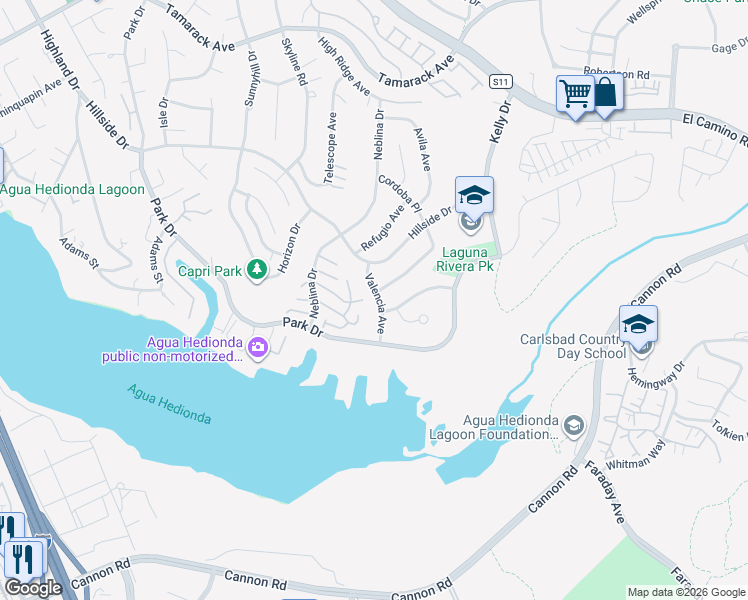 map of restaurants, bars, coffee shops, grocery stores, and more near 1851 Valencia Avenue in Carlsbad