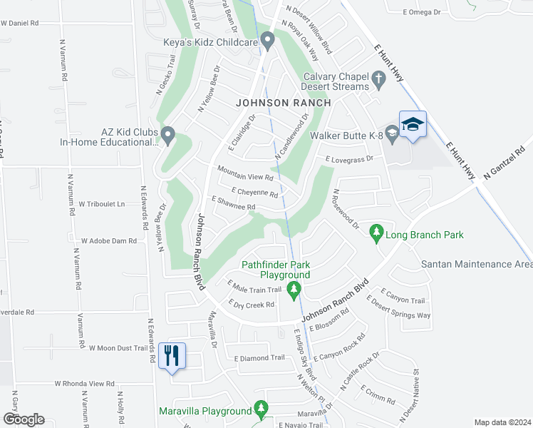 map of restaurants, bars, coffee shops, grocery stores, and more near 413 East Shawnee Road in Queen Creek