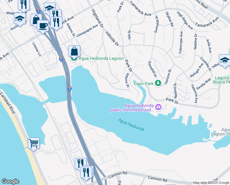 map of restaurants, bars, coffee shops, grocery stores, and more near 4465 Adams Street in Carlsbad