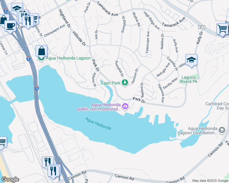 map of restaurants, bars, coffee shops, grocery stores, and more near 4653 Park Drive in Carlsbad