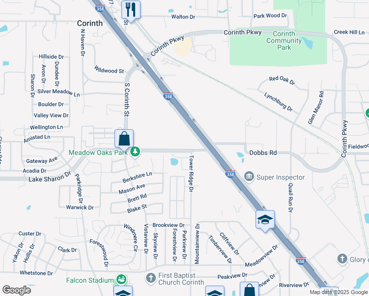 map of restaurants, bars, coffee shops, grocery stores, and more near 302 Meadows Oak Drive in Corinth