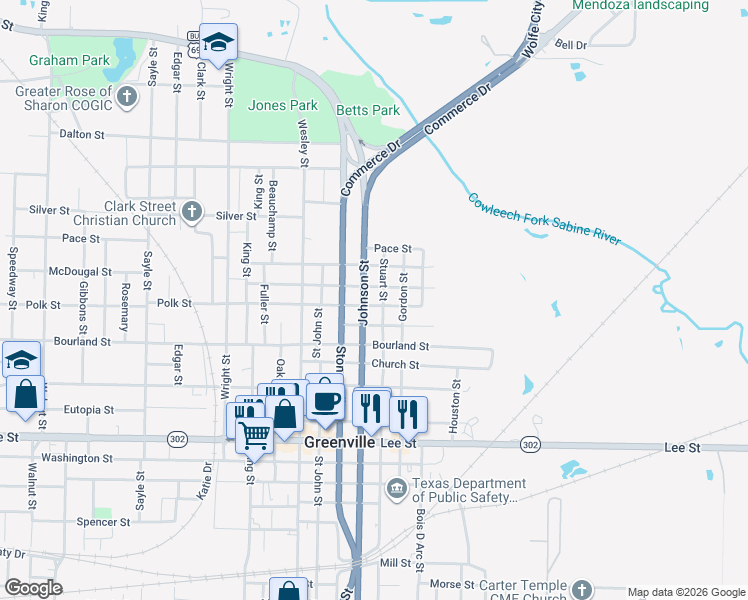 map of restaurants, bars, coffee shops, grocery stores, and more near 2312 McDougal Street in Greenville