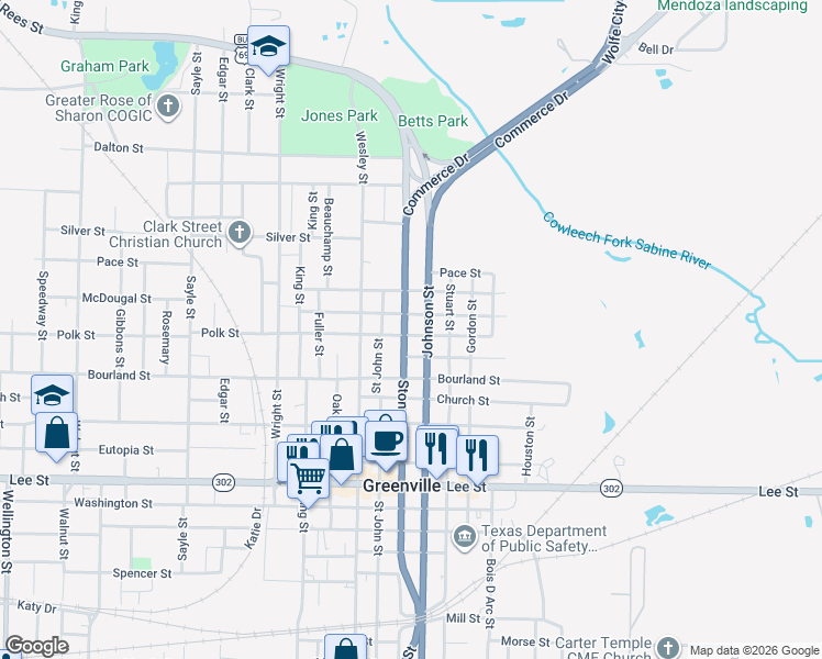 map of restaurants, bars, coffee shops, grocery stores, and more near 1704 Johnson Street in Greenville