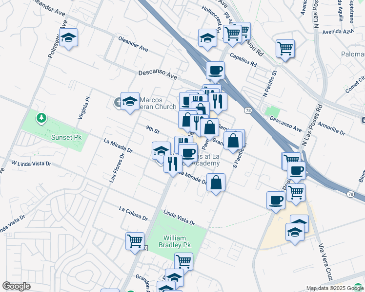 map of restaurants, bars, coffee shops, grocery stores, and more near 240 South Rancho Santa Fe Road in San Marcos