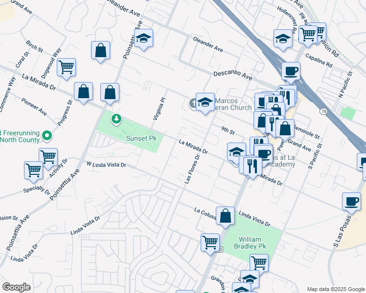map of restaurants, bars, coffee shops, grocery stores, and more near 3529 La Mirada Drive in San Marcos