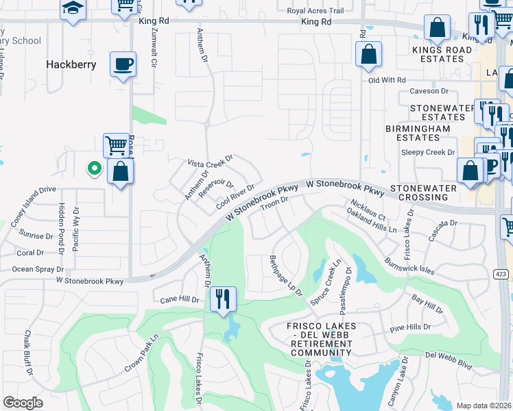 map of restaurants, bars, coffee shops, grocery stores, and more near 1562 Troon Drive in Frisco