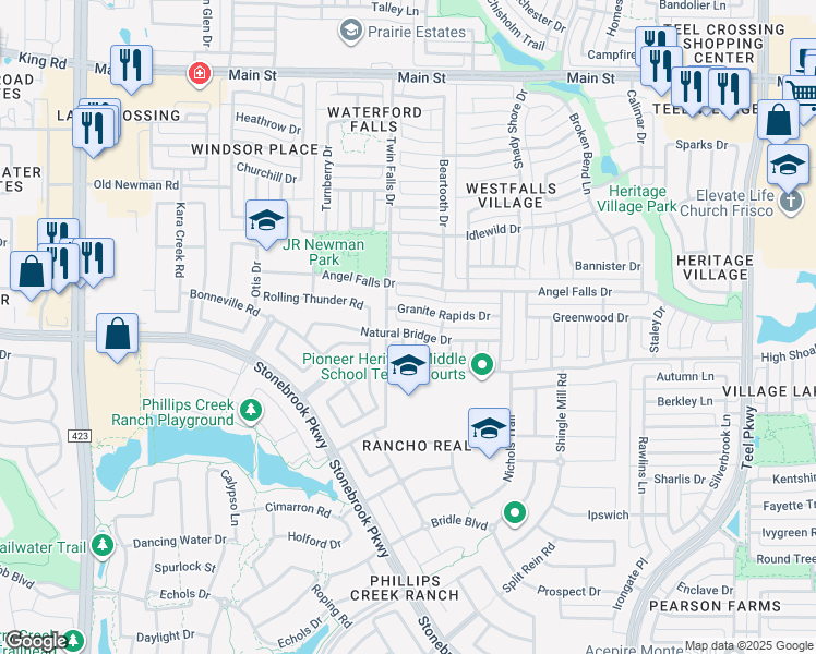 map of restaurants, bars, coffee shops, grocery stores, and more near 1608 Natural Bridge Drive in Frisco