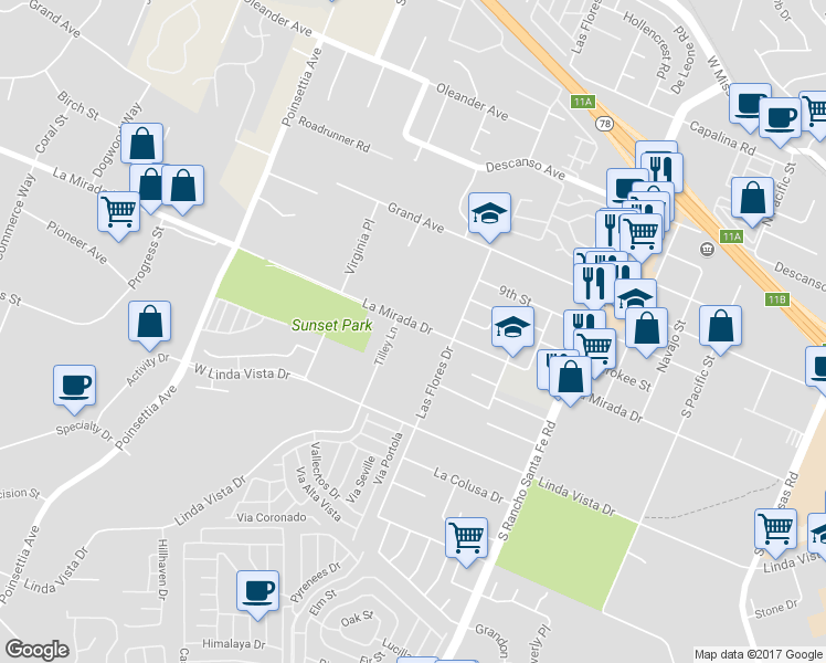 map of restaurants, bars, coffee shops, grocery stores, and more near 3529 La Mirada Drive in San Marcos