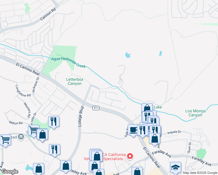 map of restaurants, bars, coffee shops, grocery stores, and more near 5410 Sunny Creek Road in Carlsbad