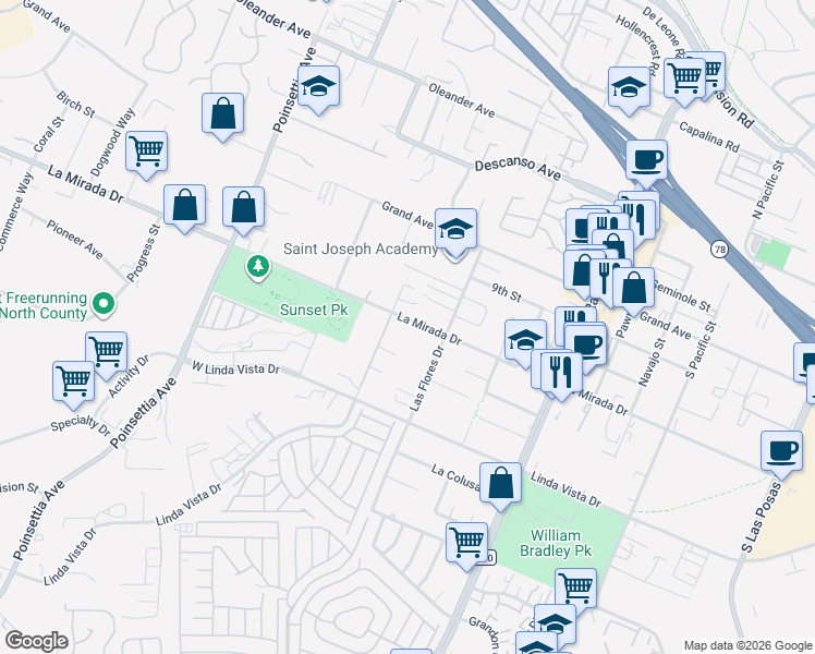 map of restaurants, bars, coffee shops, grocery stores, and more near 3529 La Mirada Drive in San Marcos