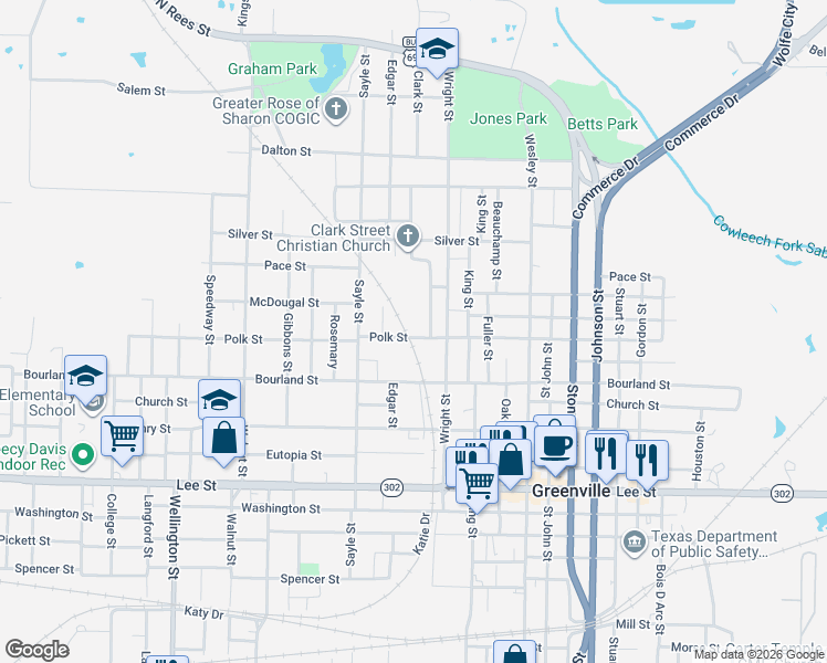 map of restaurants, bars, coffee shops, grocery stores, and more near 3300 Polk Street in Greenville