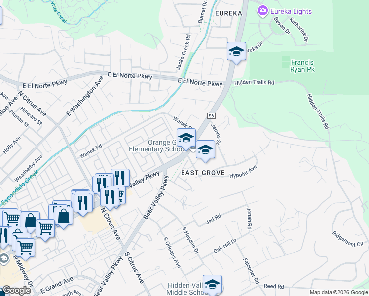 map of restaurants, bars, coffee shops, grocery stores, and more near 2700 East Valley Parkway in Escondido