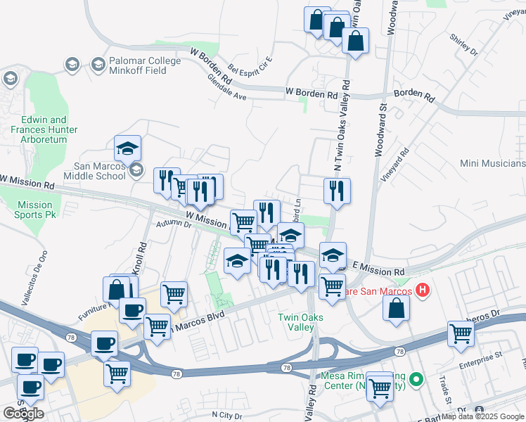 map of restaurants, bars, coffee shops, grocery stores, and more near 357-59 1st Street North in San Marcos