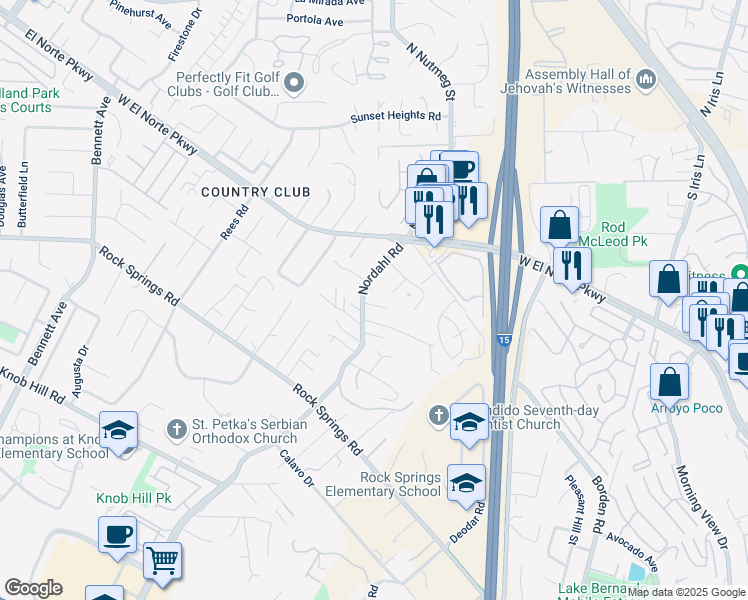 map of restaurants, bars, coffee shops, grocery stores, and more near Nordahl Road in Escondido