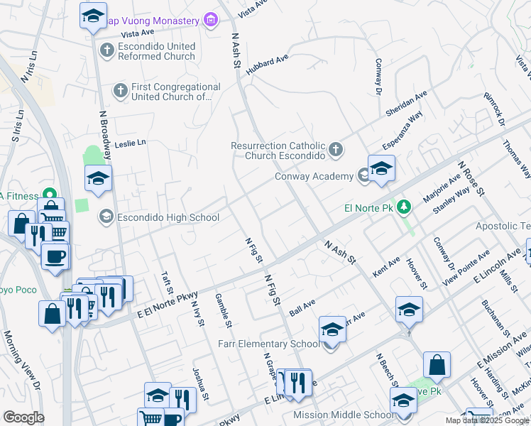 map of restaurants, bars, coffee shops, grocery stores, and more near 826 Terrace Avenue in Escondido