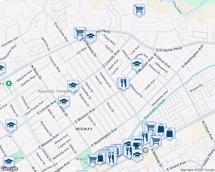 map of restaurants, bars, coffee shops, grocery stores, and more near 903 Goldenrod Street in Escondido