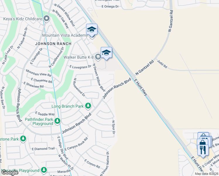 map of restaurants, bars, coffee shops, grocery stores, and more near 1290 East Palomino Way in San Tan Valley