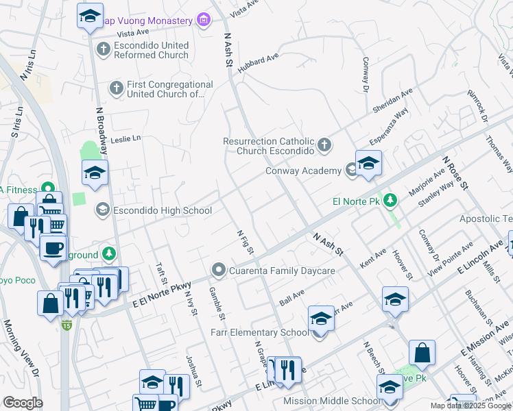 map of restaurants, bars, coffee shops, grocery stores, and more near 826 Terrace Avenue in Escondido