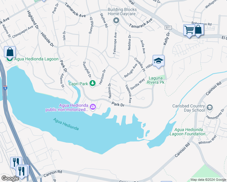 map of restaurants, bars, coffee shops, grocery stores, and more near 4811 Argosy Lane in Carlsbad